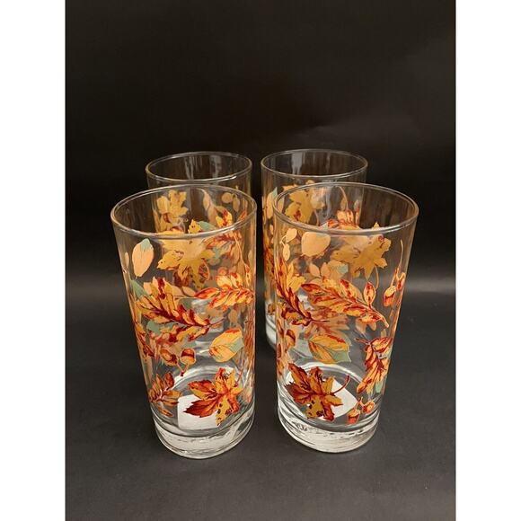 5 Drinking Glasses Fall Autumn Leaf Acorn Greenbrier Int'l Orange Green Yellow - Picture 2 of 5